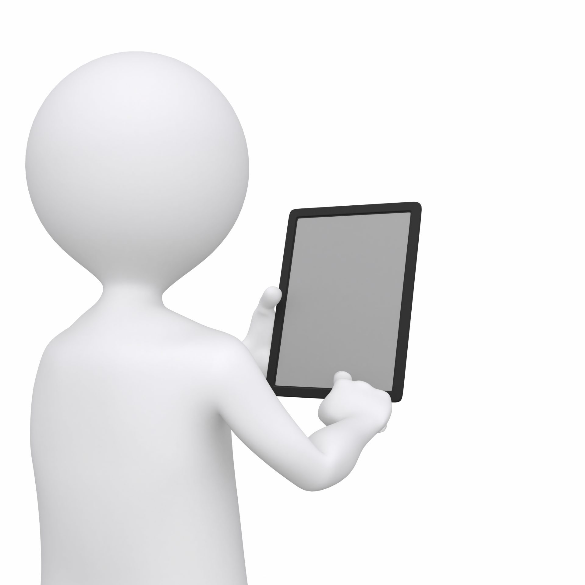 3D Businessman holding blank tablet pc. Advertising concept, isolated on white